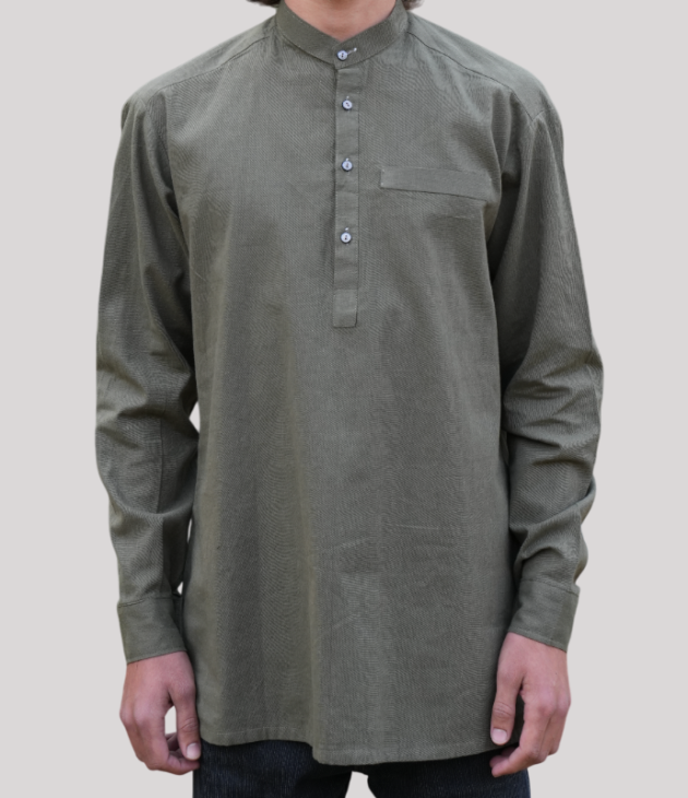 A sleek green half-button-down shirt with a classic collar and a relaxed fit, ideal for a smart-casual look.