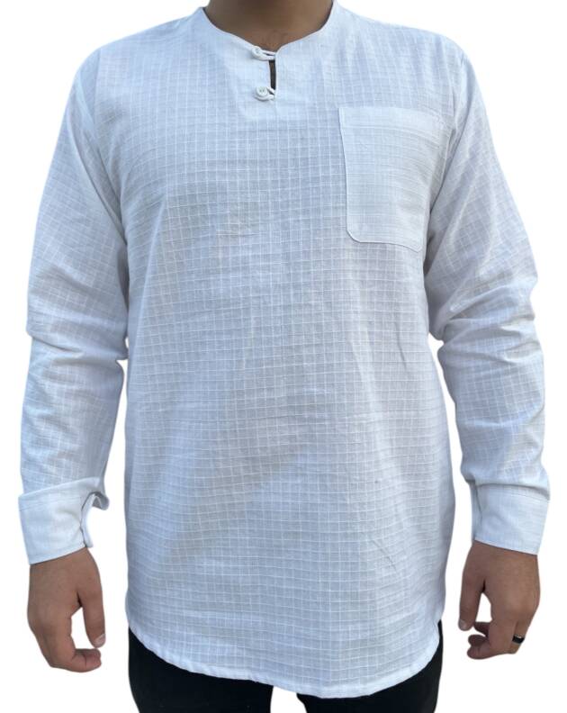 A crisp white textured shirt with a two-button design and a clean, collarless neckline, perfect for a modern and minimalist style.